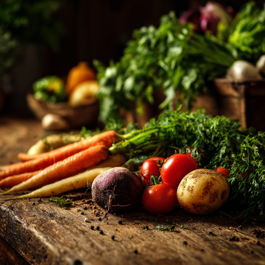 Farebný stôl plný čerstvej zeleniny a ovocia